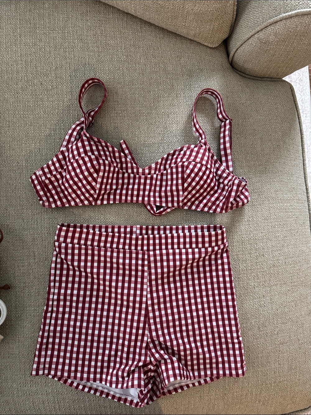 Gingham Bra Top & High-Waist Shorts Set - Red/White